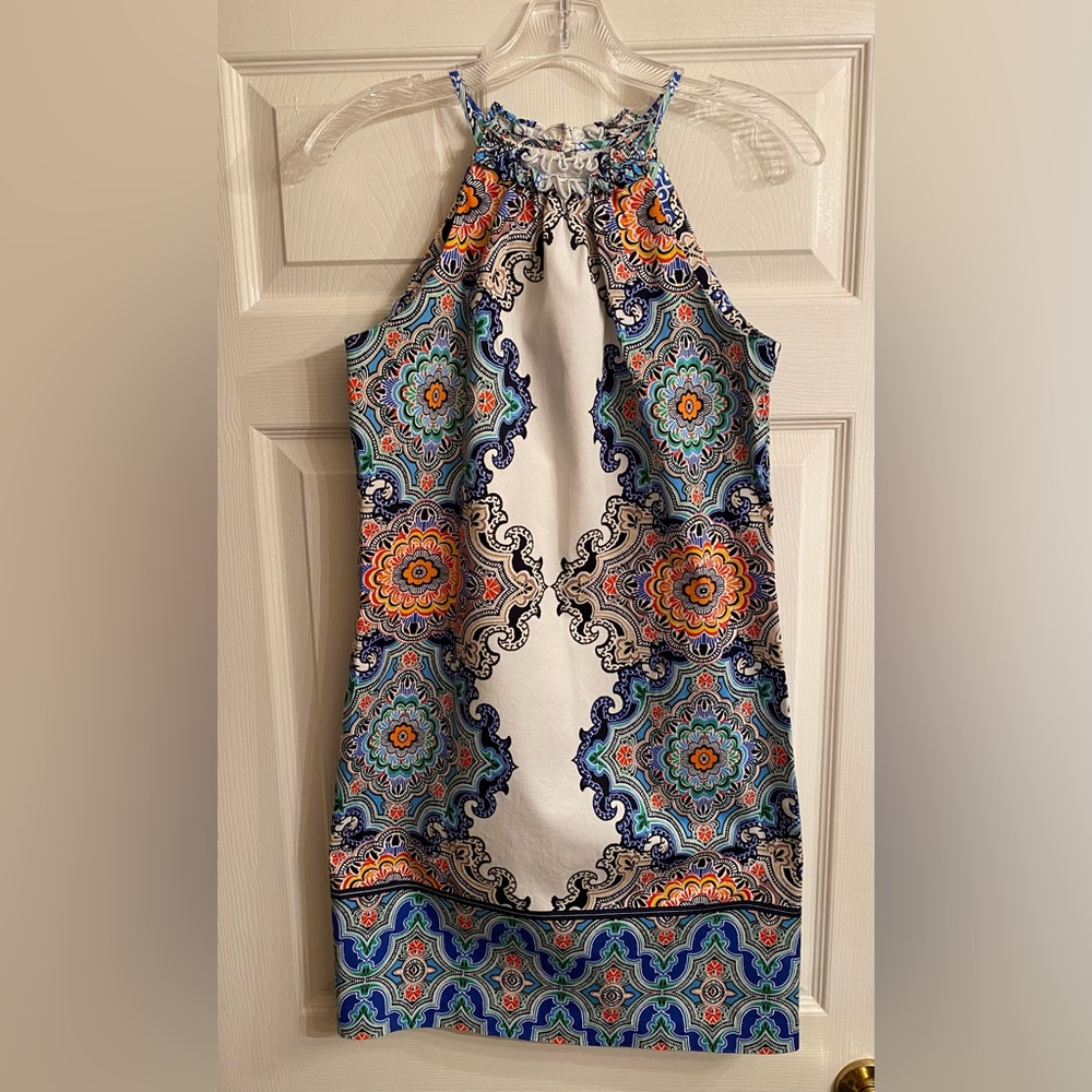 London Times Women’s Halter Dress. Size 4. White with multiple colors